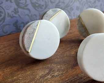 Marbled White & Grey Stone Cupboard Door Knob | Circular Stone and Brass Drawer Pull