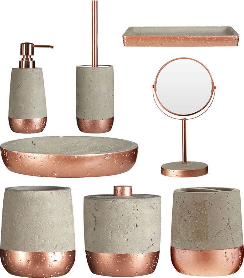 Copper and Concrete Distressed Bathroom Accessories Copper Mirror, Concrete Tumbler, Soap Dispenser, Dish image 2