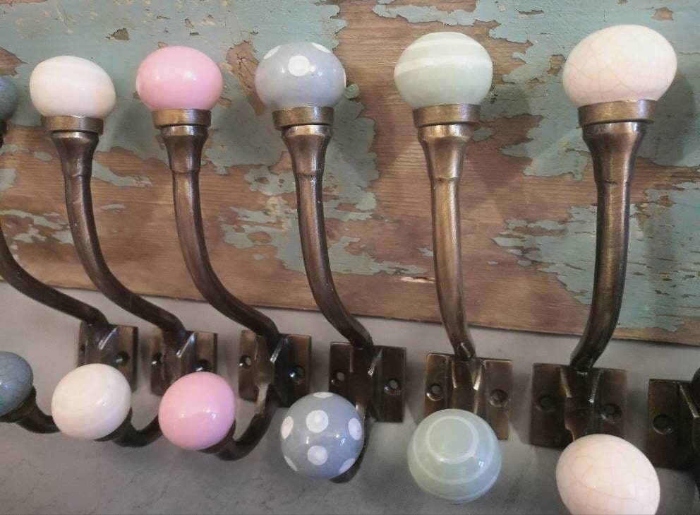 Antique Bronze & Ceramic Knob Coat Hooks Shabby Chic Bronze Etsy