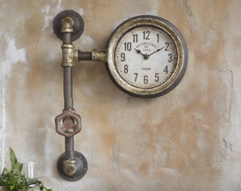 murale en tube d'acier vieilli | Horloge murale industrielle en métal rouillé