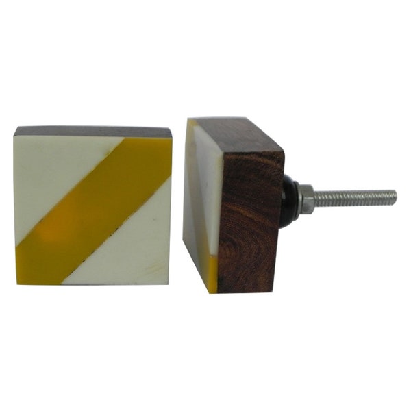 Geometric Yellow & White Striped Wooden Cupboard Door Handle | Contemporary Square Drawer Pull