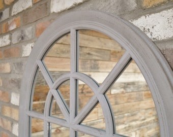 Contemporary Arched Windowpane Mirror | Wall Mounted Accent Mirror | Weathered Grey Finish