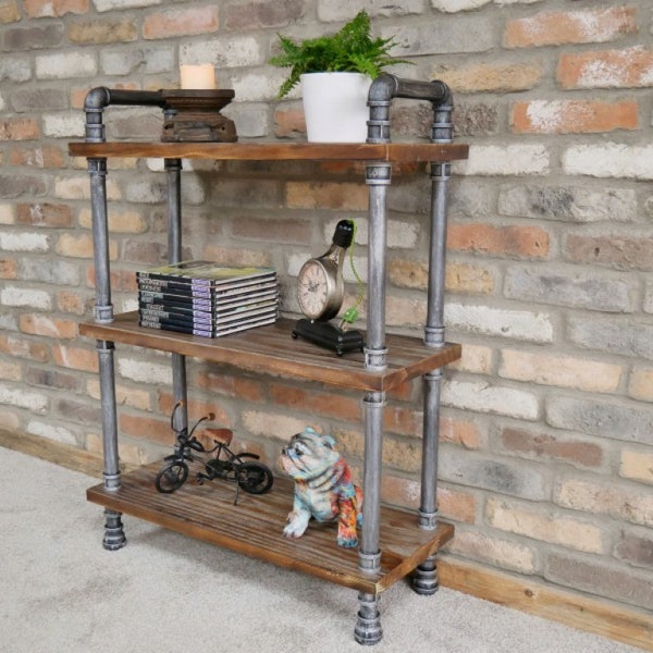 Industrial Style Pipe Shelves | 3-Shelf Unit | Display and Storage Unit | Bookcase | Wood & Metal Construction