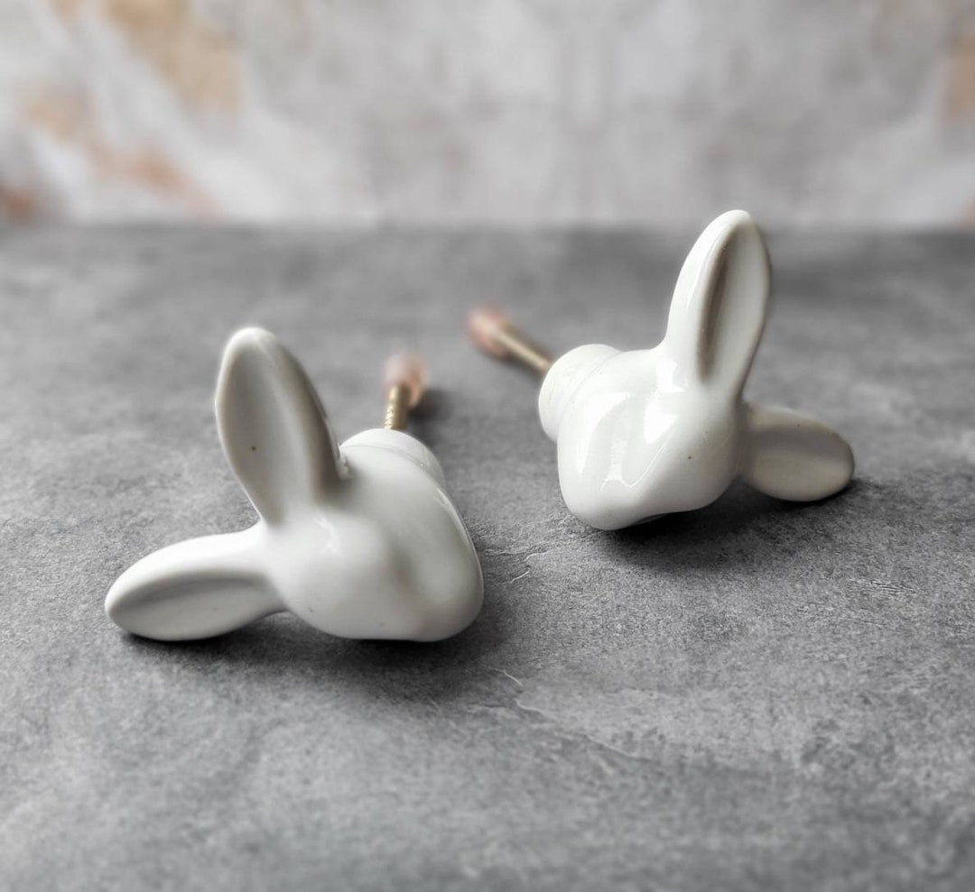 Ceramic Rabbits Head Knob White Rabbit Cupboard Door Handle
