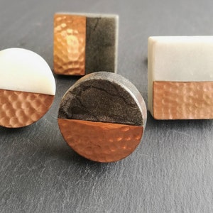 Marbled Stone & Hammered Copper Drawer Pull | Solid Stone and Rose Gold Cupboard Door Handle, Drawer Pull
