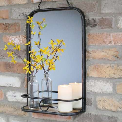 Extra large round black metal industrial wall mirror wood shelving display unit 