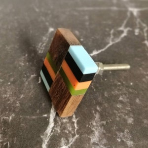 Geometric Block Stripe Patterned Cabinet Knob |  Square Wood & Resin Drawer Pull