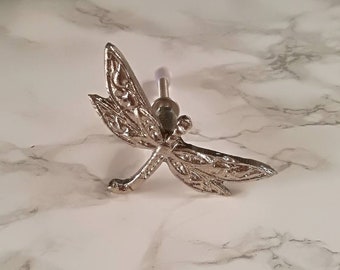 Silver Iron Dragonfly Cabinet Knob | Hand Made Metal Drawer Pull | Animal Design Cupboard Door Handle