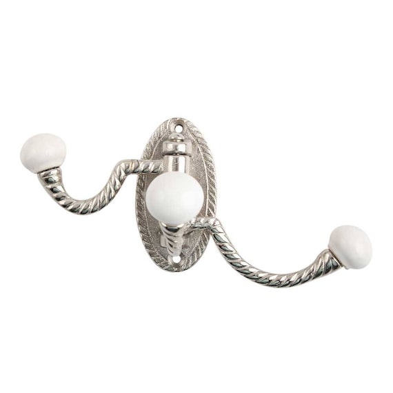 Silver Iron and White Ceramic 3 in 1 Coat Hooks Metal and Porcelain Wall  Hooks, Hangers 