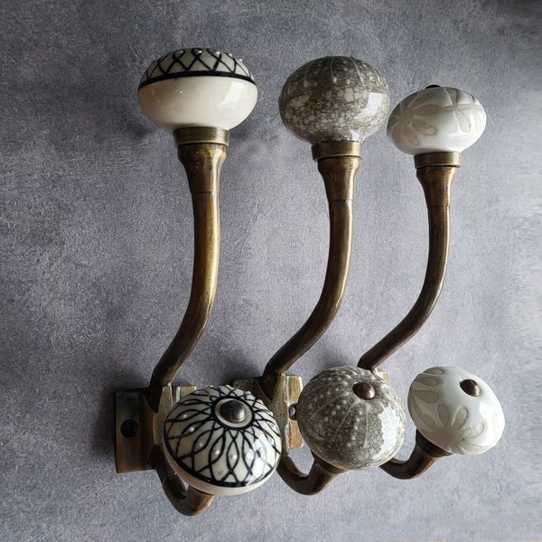 Shabby Chic Ceramic Knob Iron Coat Hooks with Black, White & Cream Coloured Porcelain China Door Knobs