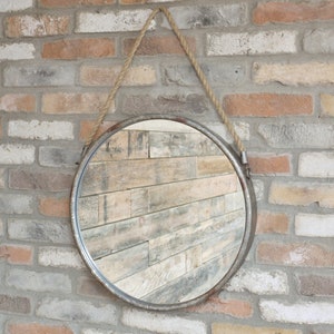 Round Metal Wall Mirror | Rustic Wall Mirror | Re-purposed metal | Rope Wall-hanger | Distressed Finish