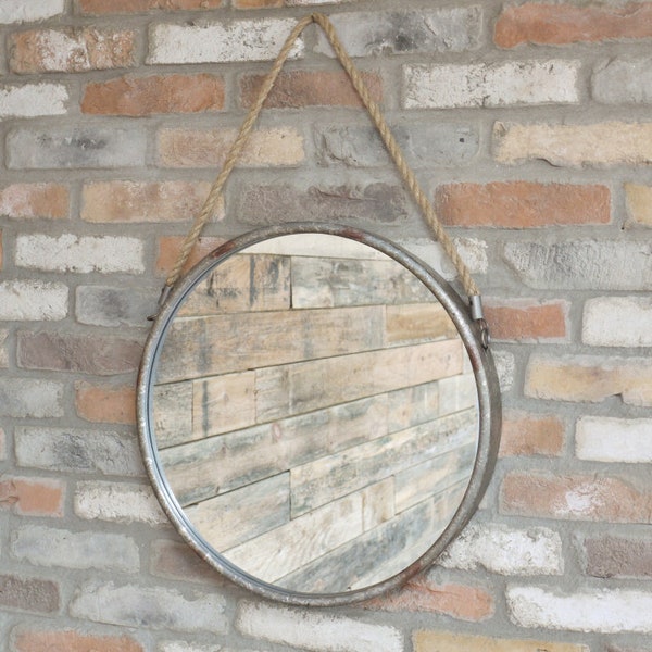 Miroir mural rond en métal | Miroir mural rustique | Métal recyclé | Cintre mural en corde | Finition vieillie