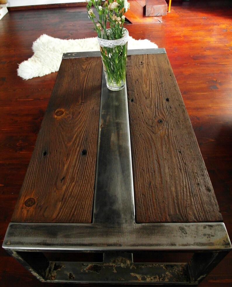 Handmade Reclaimed Wood & Steel Coffee Table Vintage Rustic Industrial Coffee Table image 3