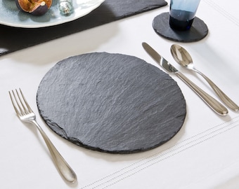 Set of Natural Slate Round Place Mats and Drinks Coasters - Fine Slate Dinner Table Mats & Coasters
