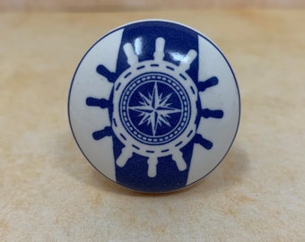 Blue & White Nautical Cupboard Door Knob | Ship's Wheel Drawer Pull Handle