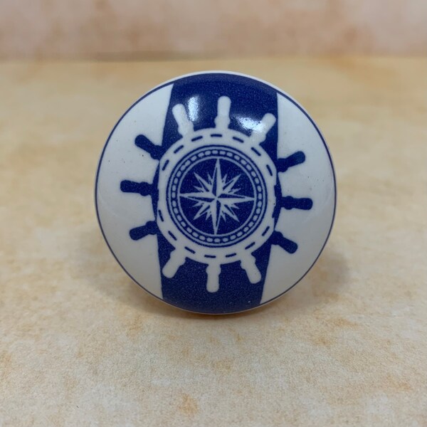 Blue & White Nautical Cupboard Door Knob | Ship's Wheel Drawer Pull Handle