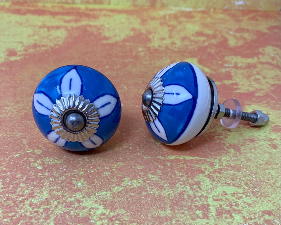 Round White & Light Blue Knob With Hand Painted White Etsy