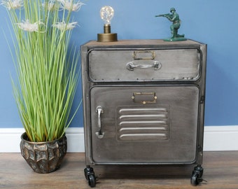 Industrial Steel & Fir Bedside Cabinet | Rustic Grey Metal Storage Chest | End Table