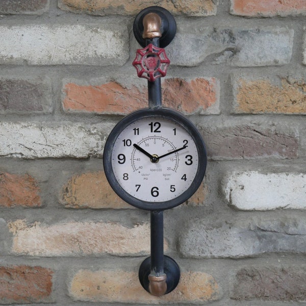 Distressed Industrial Pipe Wall Clock | Steel Pipe Pressure Gauge Metal Wall Mounted Clock