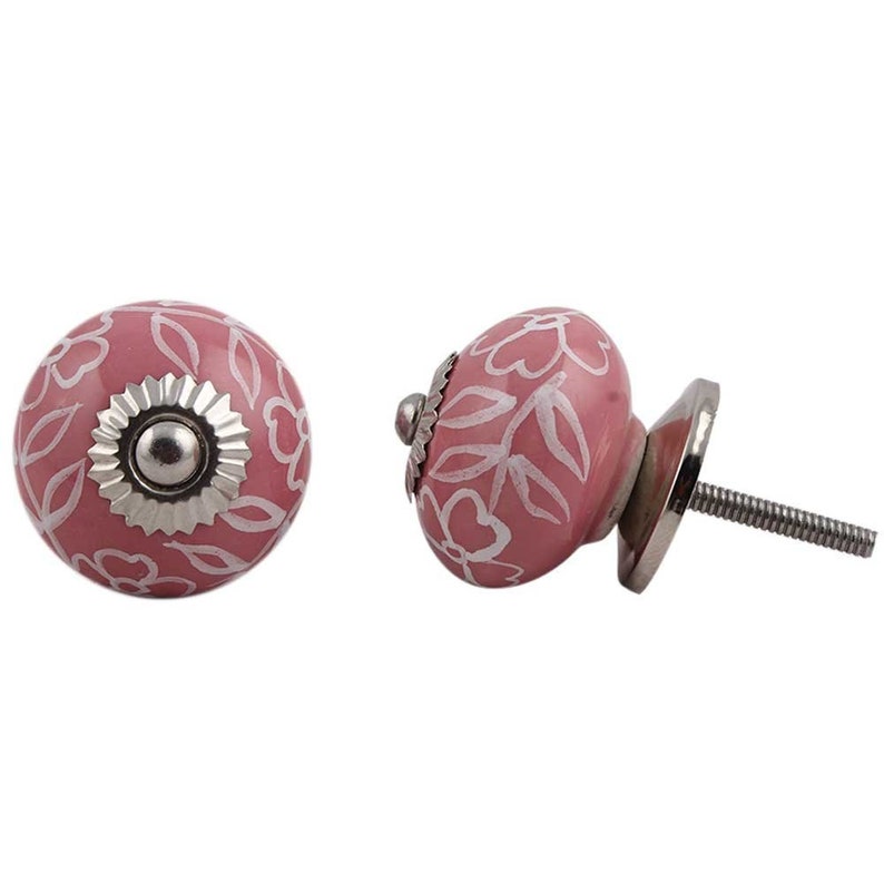 Round Pink Knob With Hand Painted White Flowers & Etsy