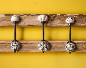 Shabby Chic Ceramic Knob Iron Coat Hooks with Black, White & Cream Coloured Porcelain China Door Knobs