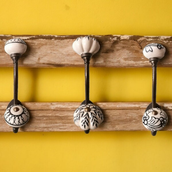 Shabby Chic Ceramic Knob Iron Coat Hooks with Black, White & Cream Coloured Porcelain China Door Knobs