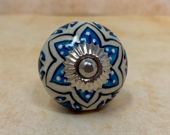 Round Blue and White Cabinet Knob With Hand Painted Geometric
