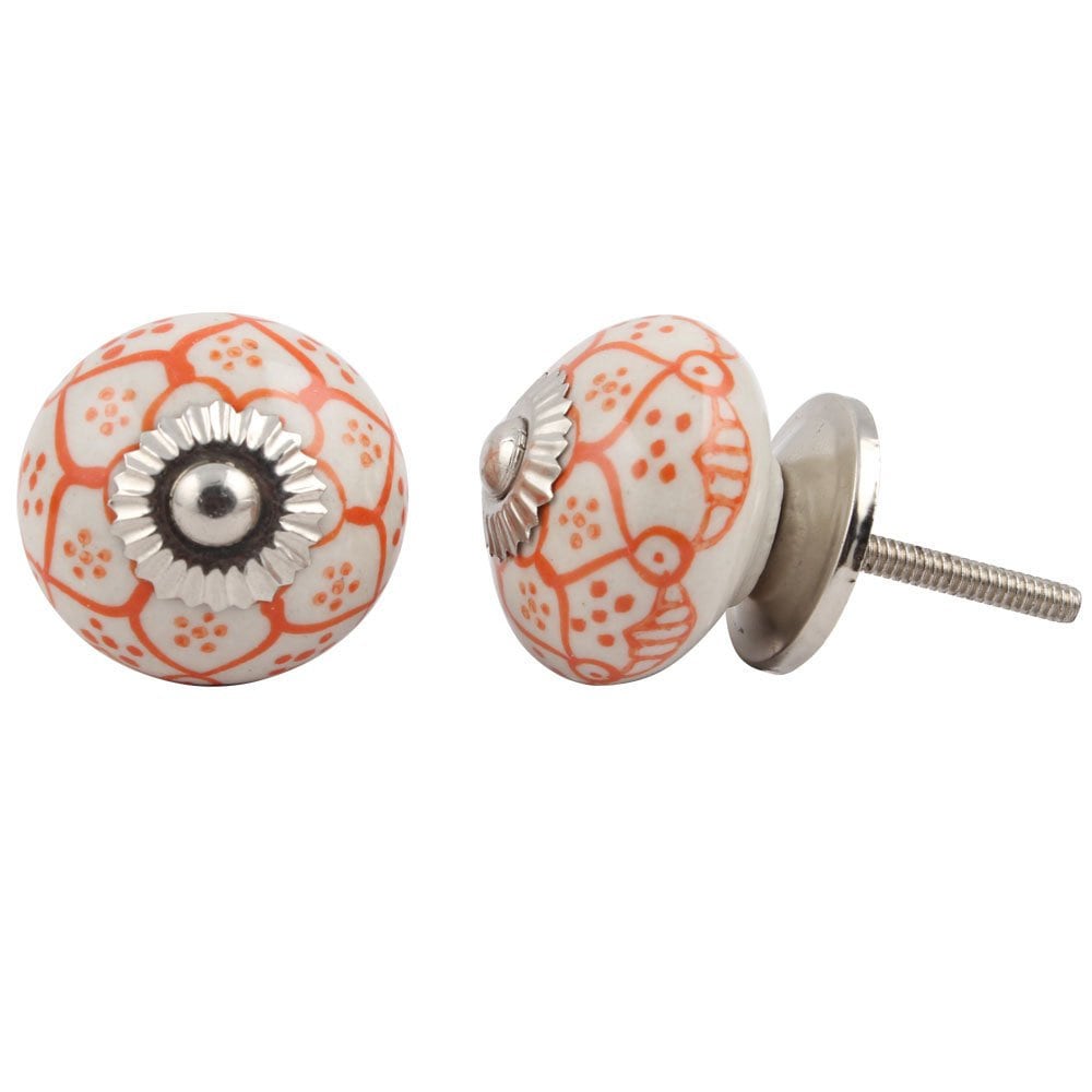 Round White Cabinet Knob With Hand Painted Orange Islamic Geometric Flower  Decoration | Drawer Pull | Drawer Handle | Cabinet Knob