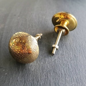 Intricate Golden Brass Filigree Cupboard Door Handle | Decorative Etched Brass Floral Patterned Metal Drawer Pull