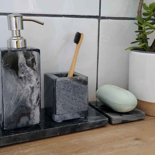 Marbled Grey Stone Bathroom Accessories | Slate Grey Soap Dispenser, Tooth Brush Holder, Soap Dish & Tray