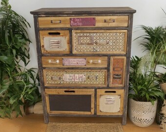 Retro Wooden Cabinet with 8 Drawers | Colourful Drawer Fronts | Chest Of Drawers | Re-purposed Materials | Distressed finish