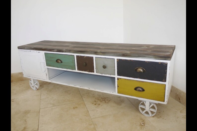 Rustic Country Style Tv Cabinet With Metal Wheels Metal Tv Etsy