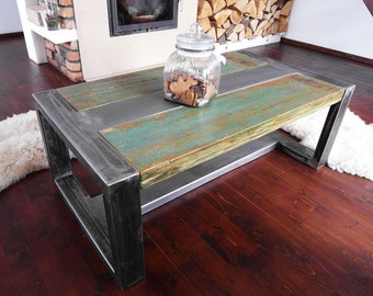 Rustic Handmade Reclaimed Wood & Steel Industrial Coffee Table