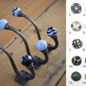 Antique Bronze & Ceramic Knob Coat Hooks Vintage Bronze Metal Hooks with Black, White, Cream Porcelain Balls image 2