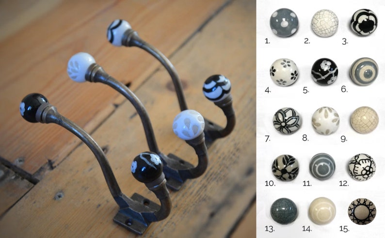 Antique Bronze & Ceramic Knob Coat Hooks Vintage Bronze Metal Hooks with Black, White, Cream Porcelain Balls image 2