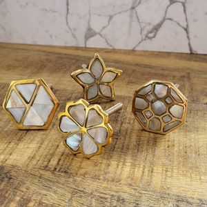 Mother of Pearl Geometric Design Cupboard Door Handle | Shell & Brass Cabinet Knob, Drawer Pull