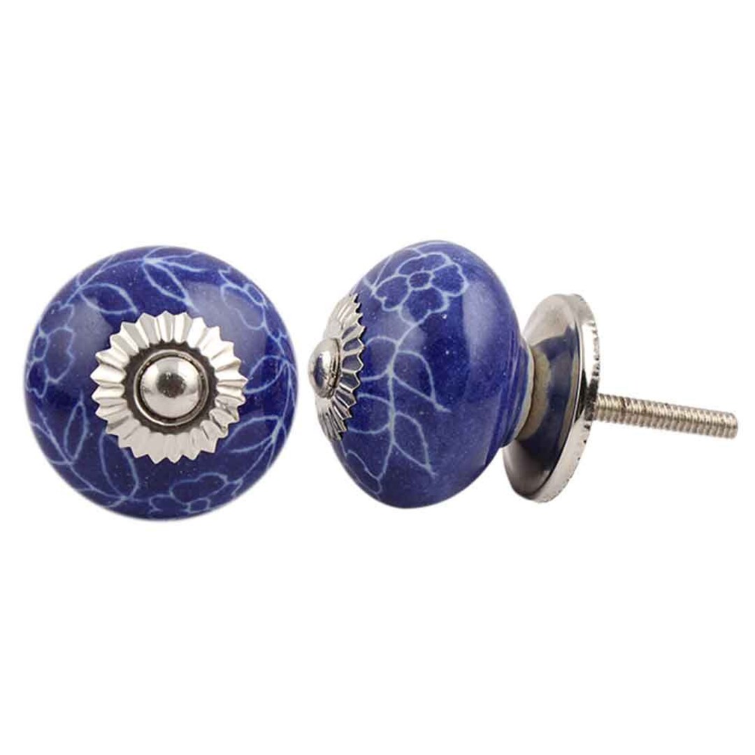 Round Dark Blue Knob With White Flowers and Leaf Etsy