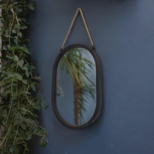 Metal Oval Wall Mirror | Vintage Style | Wall Mounted Mirror | Black Frame | Rope Hanger