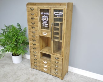 Large Wide Apothecary-Style Storage Cabinet | 24 Drawers | 3 Open Shelves | Glass Cabinet Doors | Metal Label Holders | Natural Wood Finish