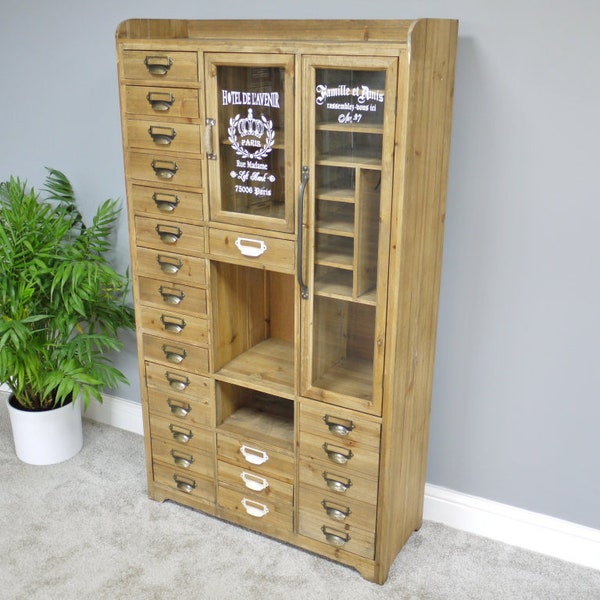 Large Wide Apothecary-Style Storage Cabinet | 24 Drawers | 3 Open Shelves | Glass Cabinet Doors | Metal Label Holders | Natural Wood Finish