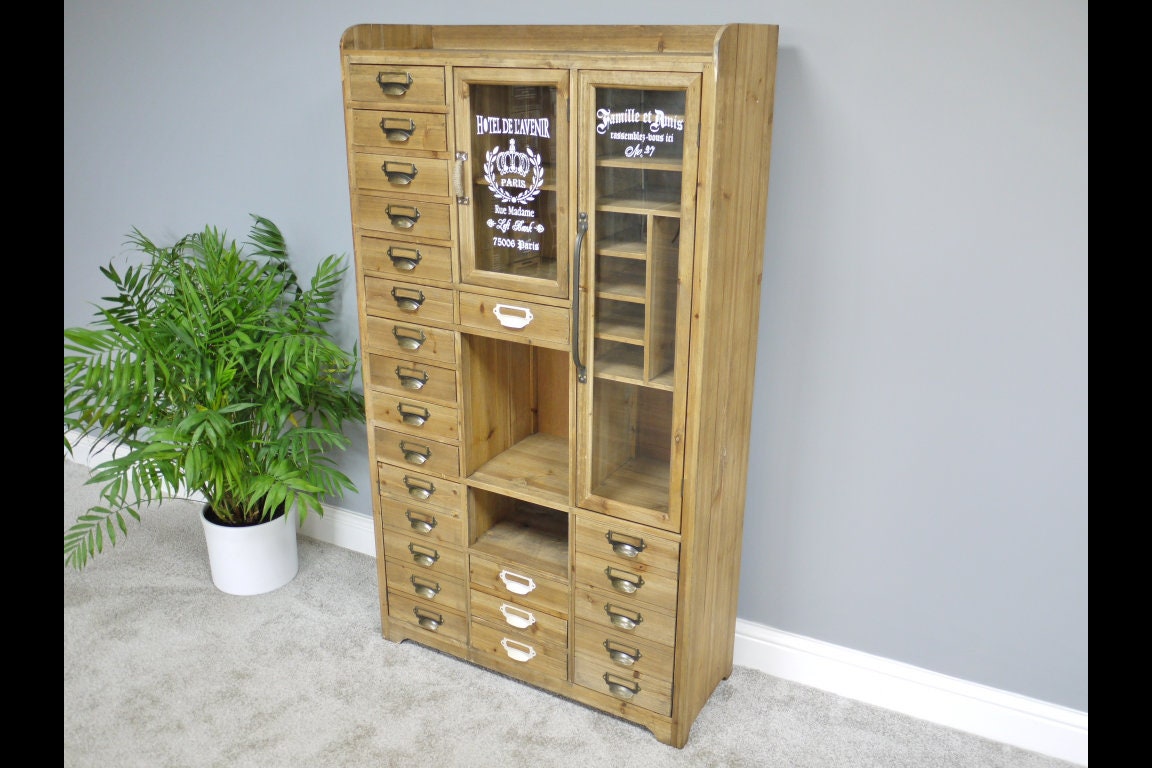 Large Wide Apothecary style Storage Cabinet 24 Drawers 3 Open