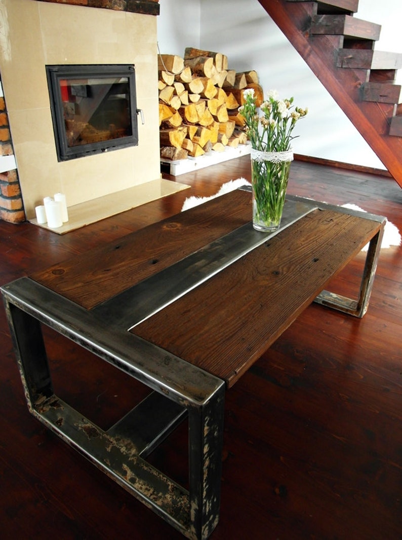 Handmade Reclaimed Wood & Steel Coffee Table Vintage Rustic Industrial Coffee Table image 2