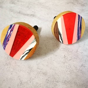 Mondrian Inspired Resin & Mango Wood Cupboard Door Handle | Hand Made Multi Coloured Cabinet Knob, Drawer Pull