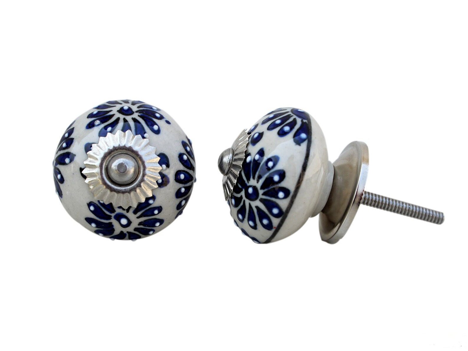 Round White Knob With Hand Painted Blue Flower Etsy