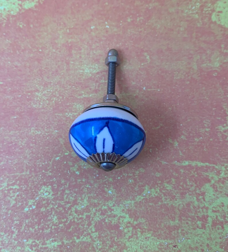Round White & Light Blue Knob With Hand Painted White Etsy