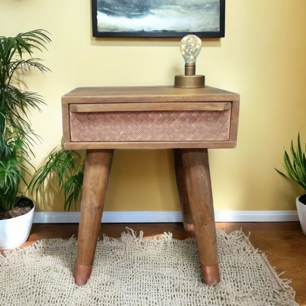 Mid-Century Style Bedside Table | Mango Wood Tapered Leg Side Table With Copper Detailing