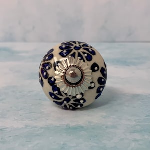 Round White Cabinet Knob With Hand Painted Blue Flower Decoration | Drawer Pull | Drawer Handle | Cabinet Knob