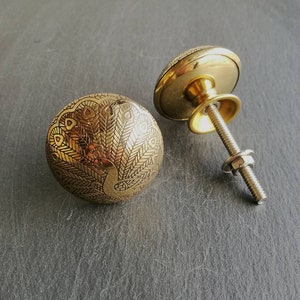 Golden Brass Etched Peacock Cupboard Handle | Decorative Filigree Golden Metal Drawer Pull