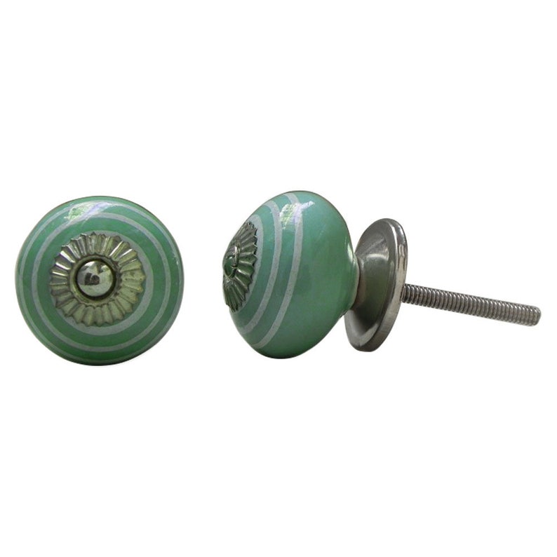 Round Sea Green Knob With White Striped Decoration Etsy