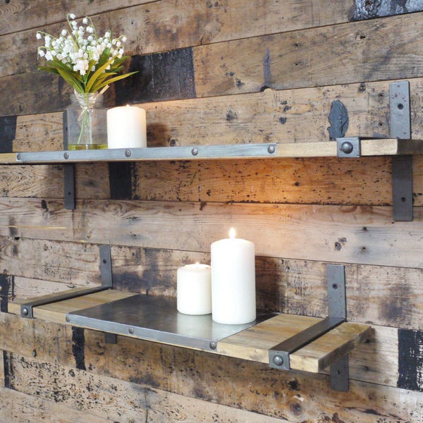 Industrial Steel & Wood Floating Shelves | 2 Piece Double Vintage Wall Shelving Unit